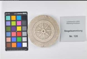 Siegler: Osnabrück, Stadt Überlieferungsart: Nachbildung. Stoff: Gips Farbe: weiß Form: rund. Durchmesser: Art: Typ: Umschrift: SIGILLUVM CIVITATIS OSNABVRGENSIS