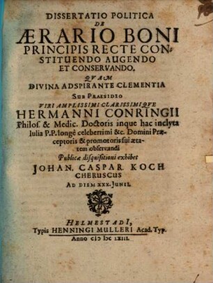 Dissertatio Politica De Aerario Boni Principis Recte Constituendo Augendo Et Conservando