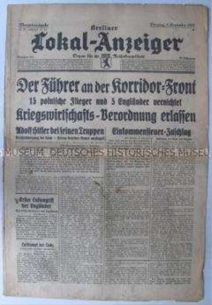 Tageszeitung "Berliner Lokal-Anzeiger" zum Besuch Hitlers an der Front in Polen und zum Erlass der Kriegswirtschafts-Verordnung