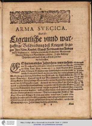 Arma Suecica, Das ist: Eigentliche und Warhafftige Beschreibung deß Kriegs/ ...