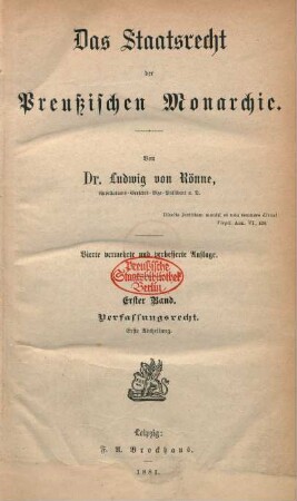 Bd. 1,1: Das Staats-Recht der preußischen Monarchie