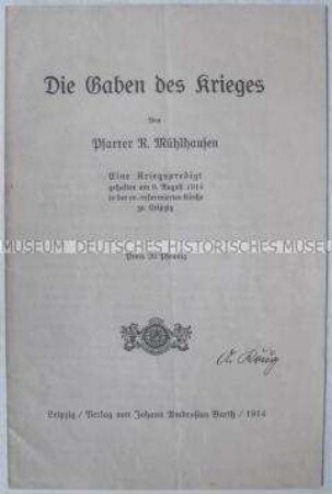 Sonderdruck mit dem Wortlaut einer Predigt anlässlich des Beginns des 1. Weltkrieges