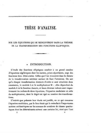 Introduction. Transformation des fonctions elliptiques. Formules de transformation.