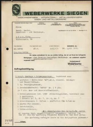 Firmenbriefkopf Weberweke Siegen, Maschinenfabrik - Apparatebau - Metallwarenfabrik - Eisen - und Metallgiesserei