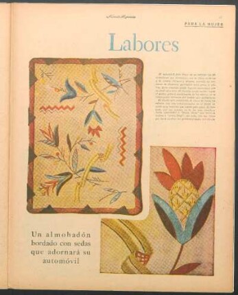 Labores [Dibujos] : Un almohadón bordado con sedas que adornará su automóvil