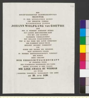 Brief von Loge, Amalia an Goethe, Johann Wolfgang von
