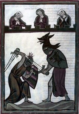 Manessische Liederhandschrift oder Große Heidelberger Liederhandschrift — Herr Dietmar der Setzer beim Schwertkampf, Folio 321verso