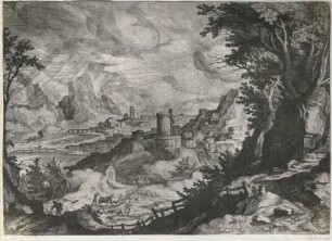 Weite Landschaft mit Fluss, Stadt und Gebirgszügen : Weite Landschaft mit Fluss, Stadt und Gebirgszügen. Kupferstich (vor 1629; J. Sadeler nach P. Bril)