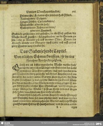 Das Siebenzehende Capitel. Von etlichen Schmuckwassern, so in eine fürnehme Apothecken gehören