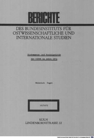 Einkommens- und Sozialpolitik der UdSSR im Jahre 1974