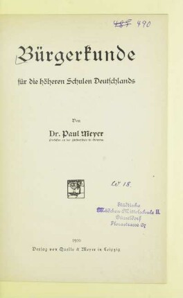 Bürgerkunde für die höheren Schulen Deutschlands