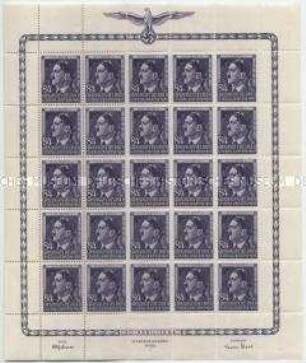 Kompletter Bogen mit 25 Briefmarken zu 84 Zloty aus dem Generalgouvernement zum 55. Geburtstag von Adolf Hitler 1944