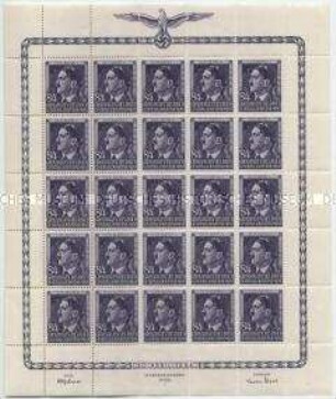 Kompletter Bogen mit 25 Briefmarken zu 84 Zloty aus dem Generalgouvernement zum 55. Geburtstag von Adolf Hitler 1944
