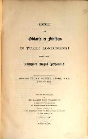 Rotuli de Oblatis et Finibus in Turri Londinensi asservati tempore Regis Johannis