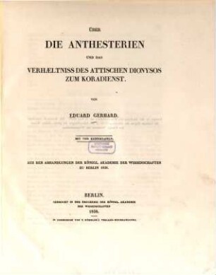 Über die Anthesterien und das Verhältniss des attischen Dionysos zum Koradienst