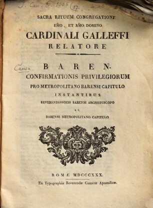 Baren. confirmationis privilegiorum pro metropolit. Barensi capitulo ...