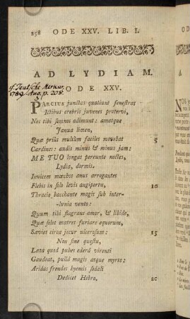 258-265, Ad Lydiam. Ode XXV.; Remarques Sur L'Ode XXV.; Notes Sur L'Ode XXV.