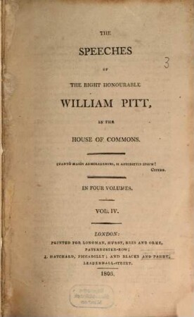 The speeches of ... William Pitt in the House of Commons : in four volumes, 4