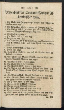 Verzeichniß der Courant-Müntzen Albertinischer Linie.
