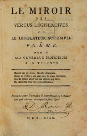 Le Miroir d'un vray Legislateur : Poeme