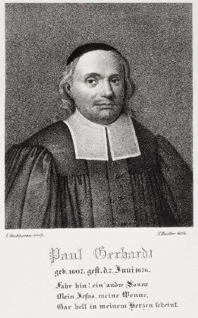 Paul Gerhardt : Heidler, E. nach Buchhorn, Ludwig (Inventor): Brustbild Paul Gerhardt, Nr. 34. Lithographie; 113 x 94 mm (Bildspiegel). Dresden: SLUB Mscr.Dresd.App.2078,B,34