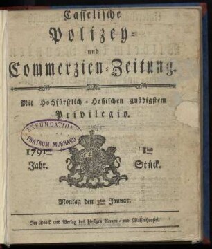 1tes Stueck, Montag den 3ten Januar. 1791