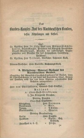 Das Bundes-Kanzler-Amt des Norddeutschen Bundes, dessen Abtheilungen und Ressort.
