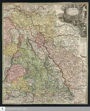Ducatus Iuliaci & Bergensis Tabula Geographica : simul Ducatum Cliviae & Meursiae Principatum, nec non adiac. terrarum inter quas integer Ducat. Limburgensis exhibetur fines complectens ; Ex prototypo Iaillotiano delineata novisque accessionibus auctior & emendatior reddita ; Cum Priv. S. C. Mai. gratios.