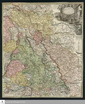 Ducatus Iuliaci & Bergensis Tabula Geographica : simul Ducatum Cliviae & Meursiae Principatum, nec non adiac. terrarum inter quas integer Ducat. Limburgensis exhibetur fines complectens ; Ex prototypo Iaillotiano delineata novisque accessionibus auctior & emendatior reddita ; Cum Priv. S. C. Mai. gratios.