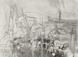 Konstruktives Ensemble mit Fisch, Boot und Küstenlandschaft