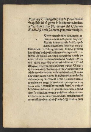 Mercurii Trismegisti Liber de Potestate et Sapientia dei E greco in latinum traductus a Marsilio ficino Florentino ...