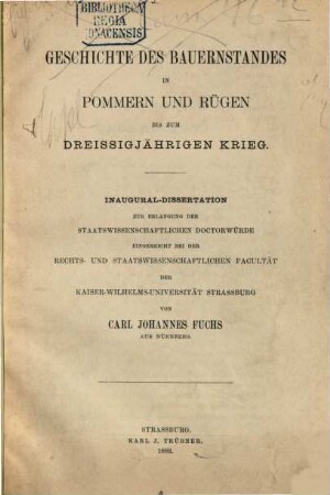 Geschichte des Bauernstandes in Pommern und Rügen bis zum dreissigjährigen Krieg