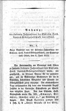 Anhang: die siebente Jahresfeyer der Schlews. Holst. Landes=Bibelgesellschaft betreffend.