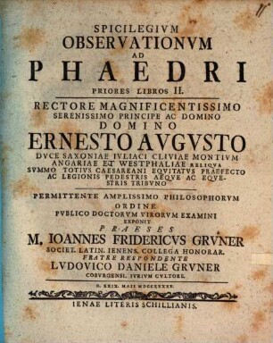 Spicilegium observationum ad Phaedri priores libros II.