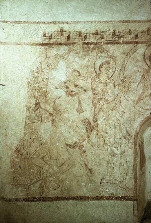Wandbild: Szenen aus dem Leben Johannes des Täufers, in der Mitte Christus in Tondo