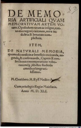 De Memoria artificiali, et naturali