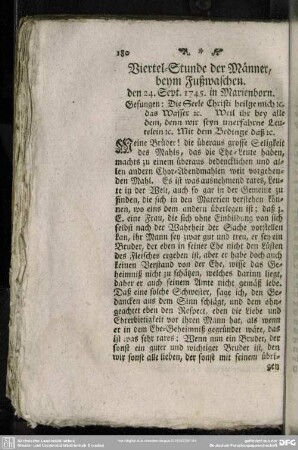 Viertel-Stunde der Männer, beym Fußwaschen. den 24. Sept. 1745. in Marienborn