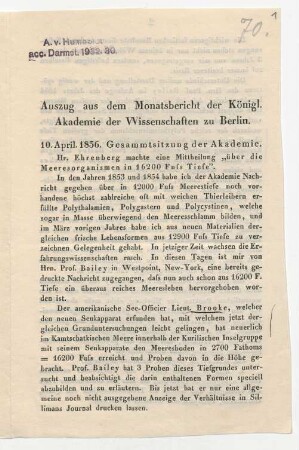 Publikationsfragment "Über die Meeresorganismen in 16200 Fuss Tiefe", nebst Zeitungsausschnitt zu Subozeanen Geographie