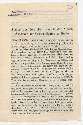 Publikationsfragment &quot;Über die Meeresorganismen in 16200 Fuss Tiefe&quot;, nebst Zeitungsausschnitt zu Subozeanen Geographie
