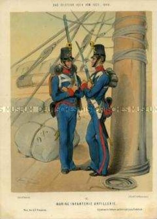 Uniformdarstellung, Infanterist und Artillerist der Marine an Bord, Österreich, 1835/1848. Tafel 97 aus: Gerasch: Das Oesterreichische Heer.