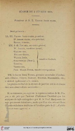 Séance du 2 février 1894: présidence de S. E. Yacoub Artin Pacha