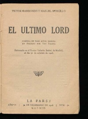 El último lord : comedia en tres actos, escrita en italiano