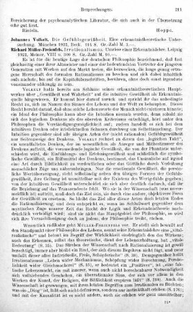 211-212, Johannes Volkelt. Die Gefühlsgewißheit. Eine erkenntnistheoretische Untersuchung. 1922 / Richard Müller-Freienfels. Irrationalismus. Umrisse einer Erkenntislehre. 1922