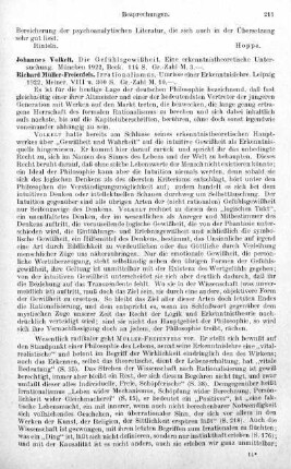 211-212, Johannes Volkelt. Die Gefühlsgewißheit. Eine erkenntnistheoretische Untersuchung. 1922 / Richard Müller-Freienfels. Irrationalismus. Umrisse einer Erkenntislehre. 1922