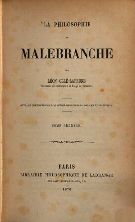 La philosophie de Malebranche, 1