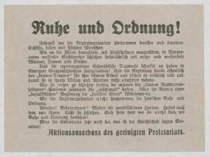 Warnung vor den Regierungstruppen während des Generalstreiks, "Ruhe und Ordnung !", Aktionsausschuss des geeinigten Proletariats, 12x16 cm