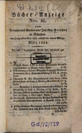 Bücher-Anzeige vom Antiquar Joh. Nep. Peischer in München. 41. 1832