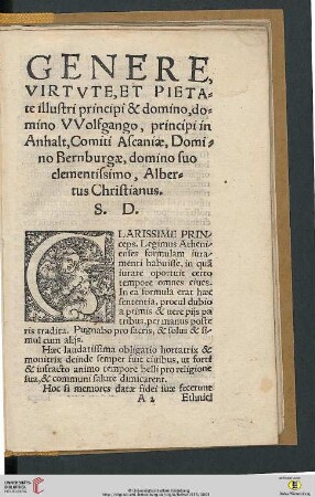 Genere, virtute, et pietate illustri principi & domino, domino VVolfgano, principi in Anhalt [...]
