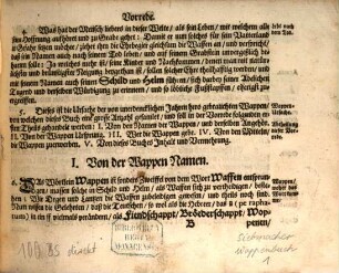 Das Erneuerte und vermehrte Teutsche Wappenbuch : In welchem Deß H. Römischen Reiches Hohe Potentaten, Fürsten, Grafen, Herren, Freyherren, Edle, Stände und Städte, [et]c. Wappen, Schilde, Helm, Kleinodien, Wie auch Deroselben Namen, Herrschafften, und HeroldsFarben, [et]c. außgebildet zuersehen, 1. Mit einer umbständigen Vorrede, Von dem Ursprung und Gebrauch der Wappen vermehrt