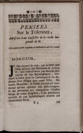 Pensees Sur la Tolerance, ...
